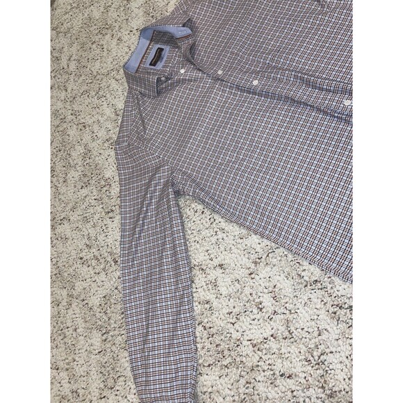 Johnston & Murphy Shirt Mens Medium Blue Brown White Plaid Button Up Cotton L - Picture 4 of 14